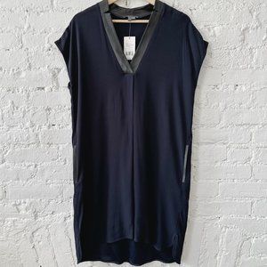 *new Vince Silk with Leather Trim Dress Navy Blue Size S
